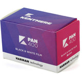 Pan 400 black & white film box, 36 exp, purple and red sides