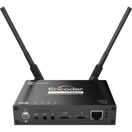 Black wireless video encoder with two antennas and front panel ports, 4G model