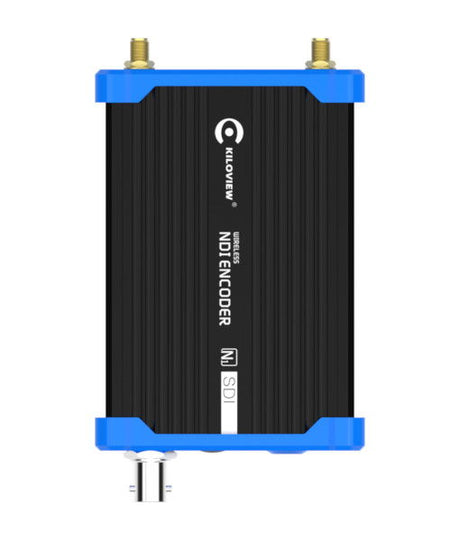 Black NDI encoder with blue edges, vertical ports view and connector at bottom