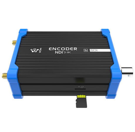 Black NDI HX encoder with blue frame, SDI/NDI-HX port labels on front panel