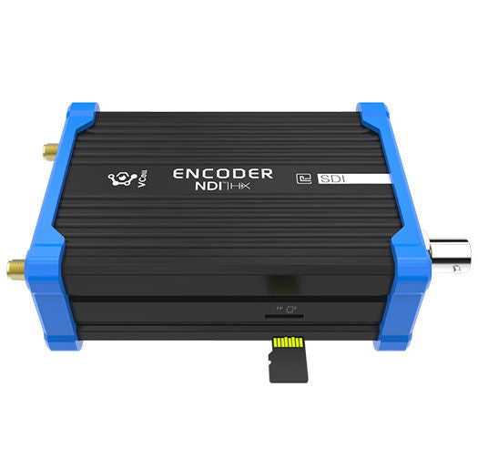 Black NDI HX encoder with blue frame, SDI/NDI-HX port labels on front panel
