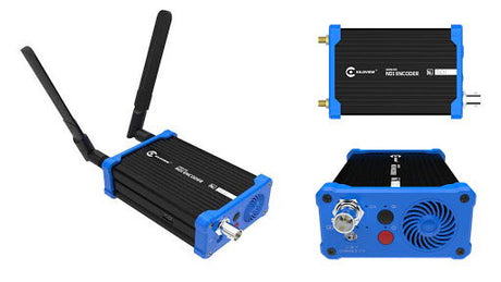 Blue-and-black NDI encoder with two antennas and side controls, plus rear ports