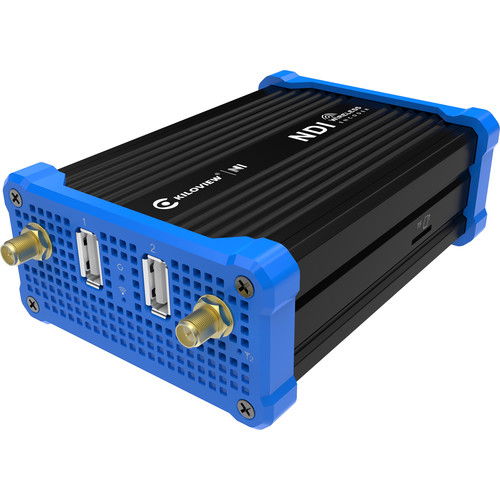 Encoder Kiloview N2, vedere laterală cu porturi și conectori pe panou albastru