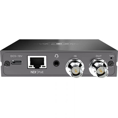 N30 converter front panel with RJ45 NDI PoE jack, DC power input, and coax outs