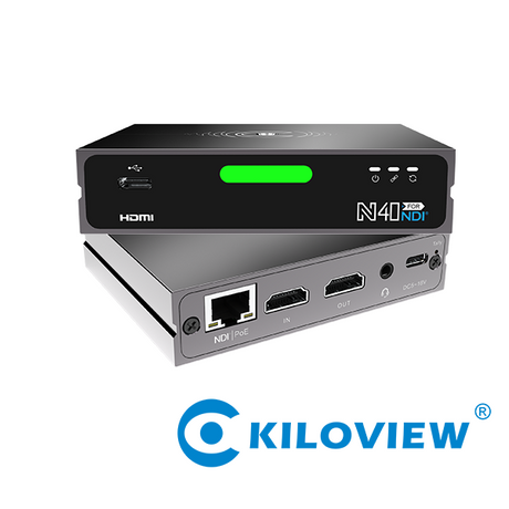 Bidirectional HDMI-NDI converter angled view with HDMI ports and NDI PoE Ethernet