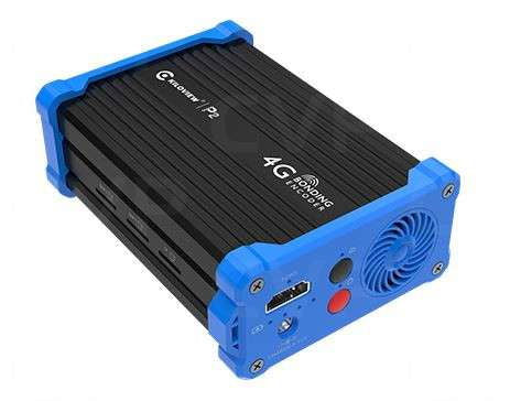 Wireless 4G HDMI bonding encoder, front label and fan grille on blue base