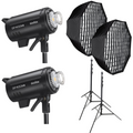 Kit lampi LED studio cu softbox și stative: 2 corpuri negre, cap de lampă