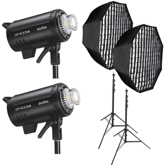 Kit lampi LED studio cu softbox și stative: 2 corpuri negre, cap de lampă