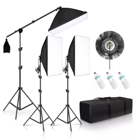 Set 3 lumini foto-video cu softbox, stative, becuri și husă, 135W, 5500K