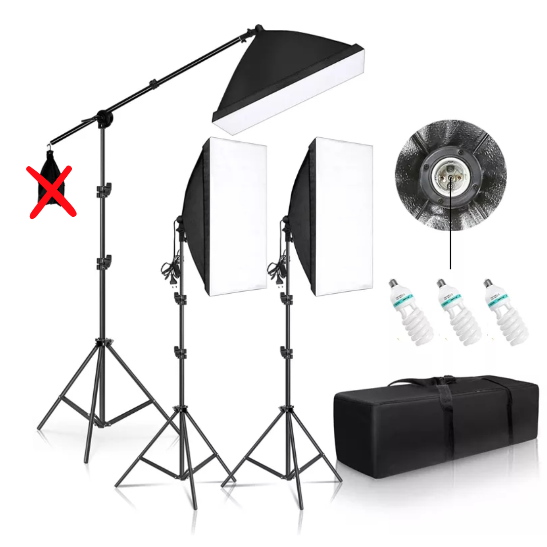 Set de 3 lumini foto-video cu softboxuri pe trepiede, becuri și husă neagră