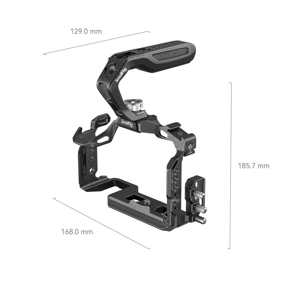 Black camera cage frame with mounting rails and side ports; dimensions shown
