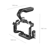 Black camera cage frame with mounting rails and side ports; dimensions shown