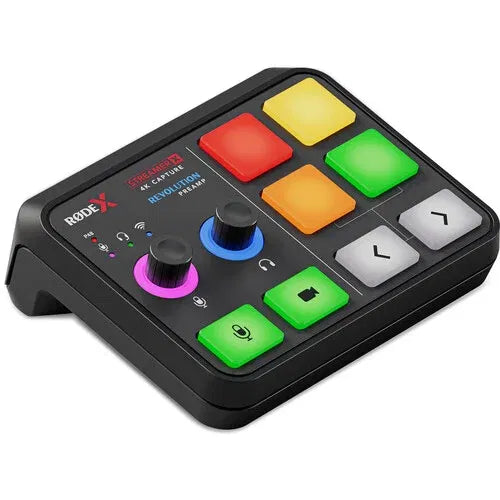 Audio control panel with multicolor buttons and L/R controls