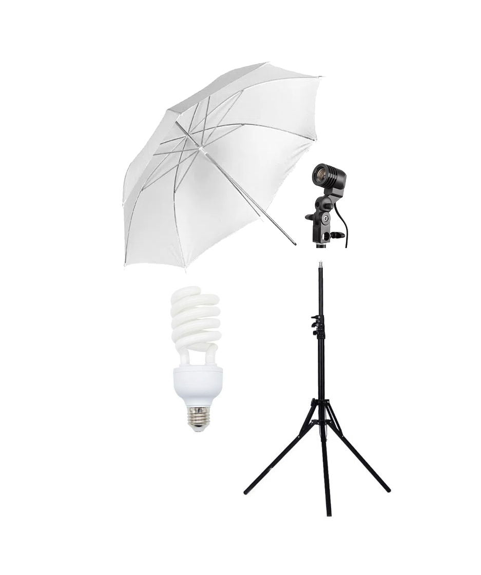 Kit lampă cu umbrelă difuzie și stativ, cap E27 și bec inclus pe trepied