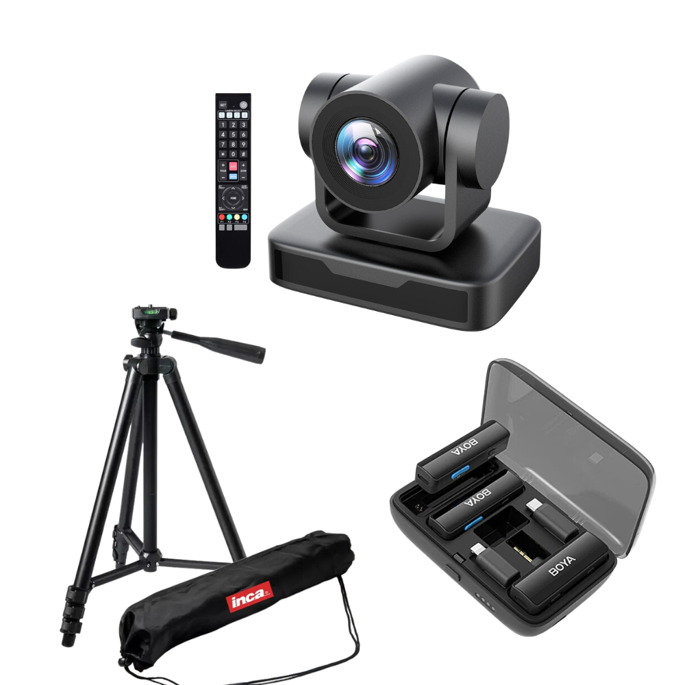 PTZ Full HD 1080 camera kit with black tripod, remote control, and wireless receiver