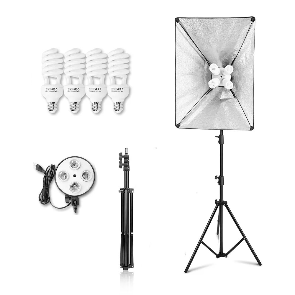 Set kit lumini: softbox pătrat, stativ reglabil și 4 becuri E27 pe suport