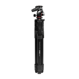 Trepied Manfrotto cu cap montat și coloană centrală, detaliu de design, negru