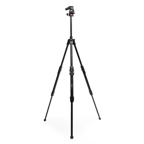 Standing black camera tripod with XPRO head and three extended legs