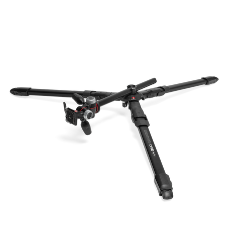 Black camera tripod with pan-tilt head and extended legs, side view
