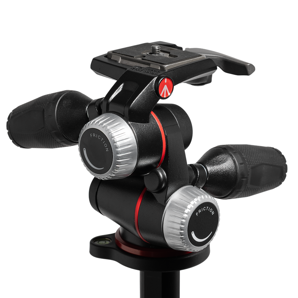 Cap trepied Manfrotto XPRO 3W cu buton roșu și roți de reglaj, negru
