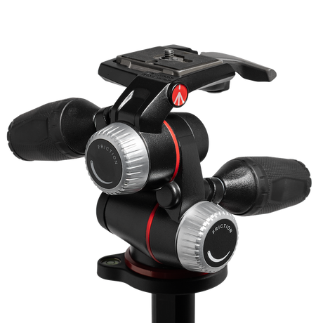 Tripod pan-tilt head with friction control dials and red locking indicator