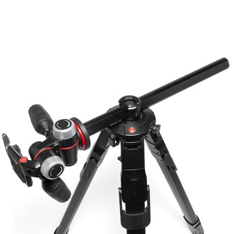 Pan-tilt camera tripod head with red accents and adjustment dials