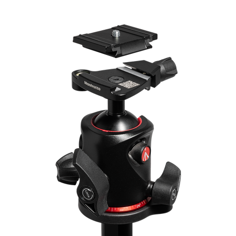Ball head top plate with screw clamp and bubble level; black housing with red ring