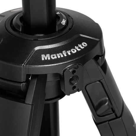 Close-up of ball head housing with Manfrotto logo and mounting knob; black finish