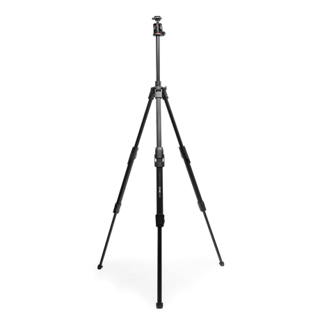 Black tripod with ball head on silver center column, three legs and rubber feet
