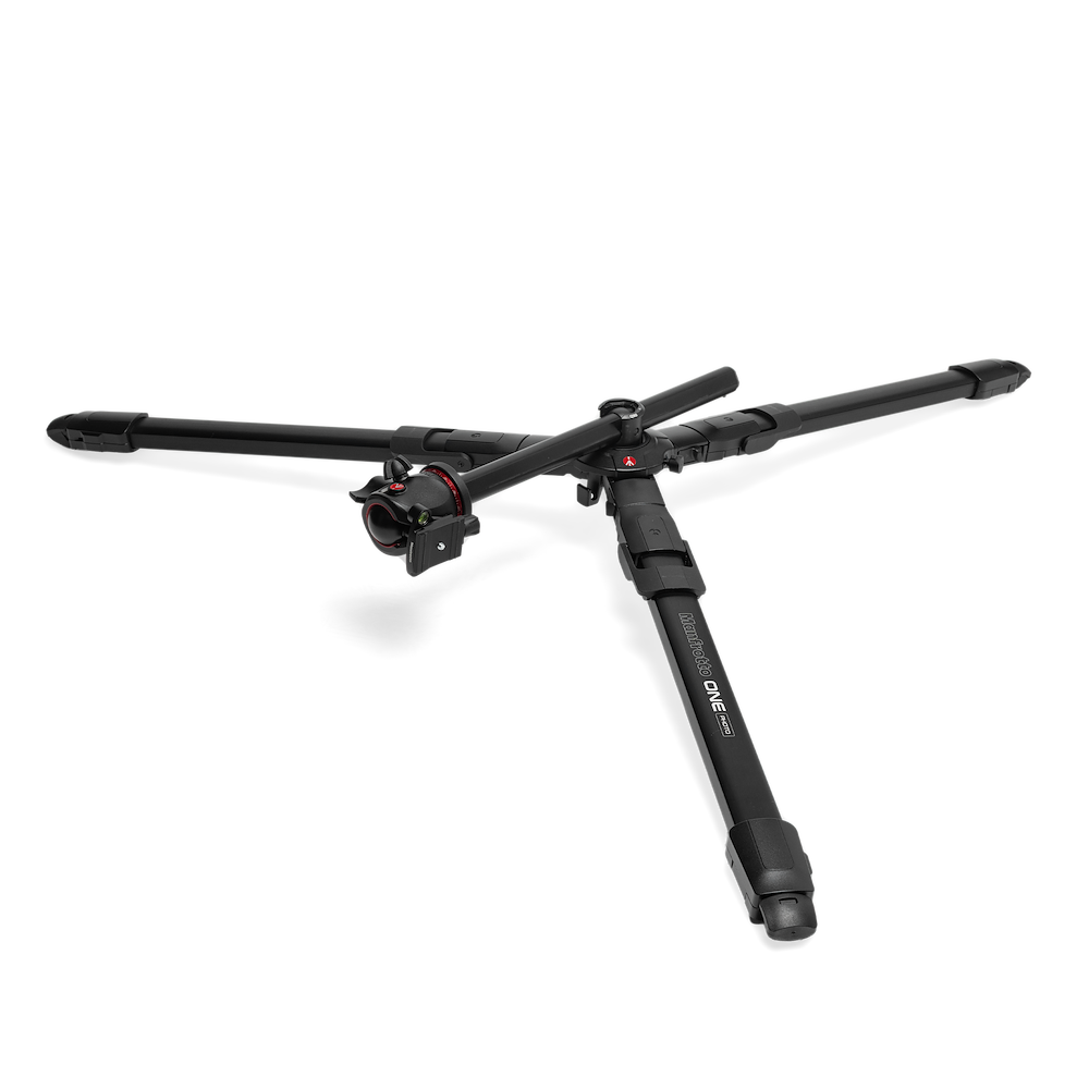 Trepied Manfrotto cu cap bilă, vedere laterală, picioare și elemente negre.