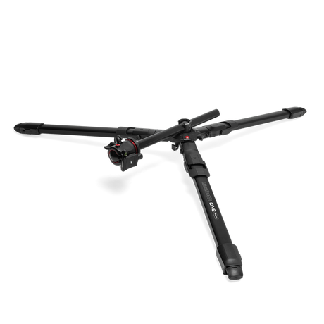 Tripod with extended legs and ball head, angled side view; black center column