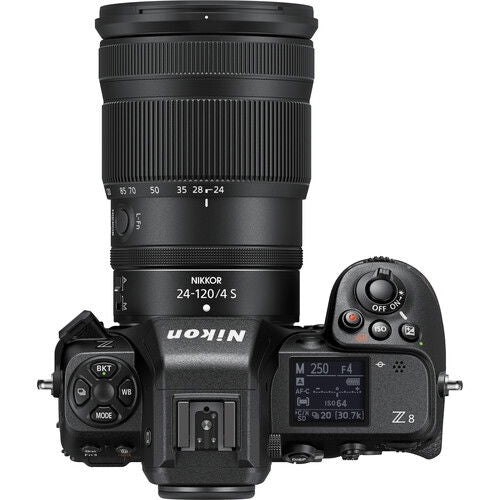 Nikon Z8 with 24-120mm f/4 S zoom lens showing front element and barrel markings