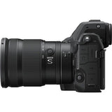 Nikon Z8 with 24-120mm f/4 S lens from rear-left angle, ports and controls visible