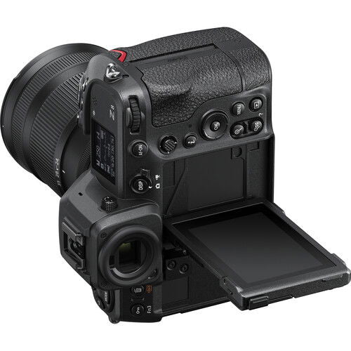 Nikon Z8 rear view with flip-up screen and lens attached, black camera body