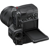 Nikon Z8 rear view with flip-up screen and lens attached, black camera body