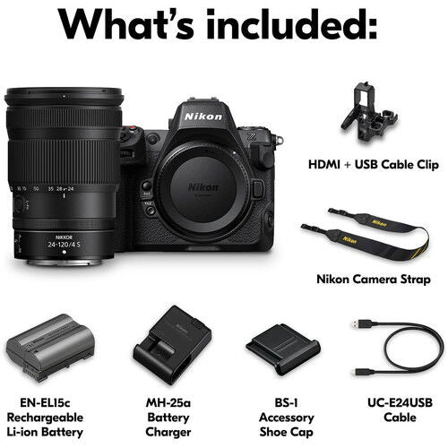 Nikon Z8 kit included items: camera, 24-120mm lens, battery, charger, accessories