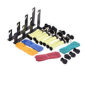 Kit prindere 4 fundaluri: suport negru cu cleme și benzi colorate (galben, albastru, roșu)