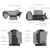 Camera cage features labeled: cold shoe, NATO rail, strap slots, threaded holes