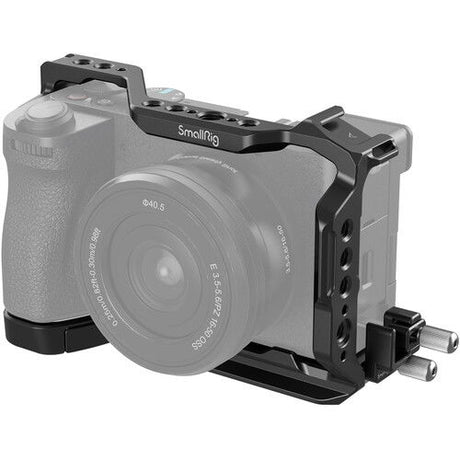 Black camera cage kit with top handle, side rails, and multiple mounting holes