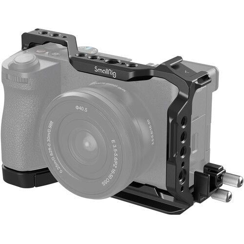 Black camera cage kit with top handle, side rails, and multiple mounting holes