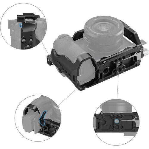 Camera cage kit with side cutouts and access ports; close-up inset shows details