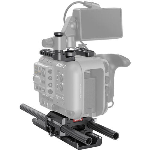 Camera mounting kit with textured carbon-fiber style rails and baseplate