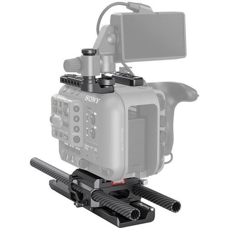Camera mounting kit with textured carbon-fiber style rails and baseplate