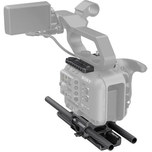 Camera rig with monitor mount, side handles, and carbon-fiber rail assembly