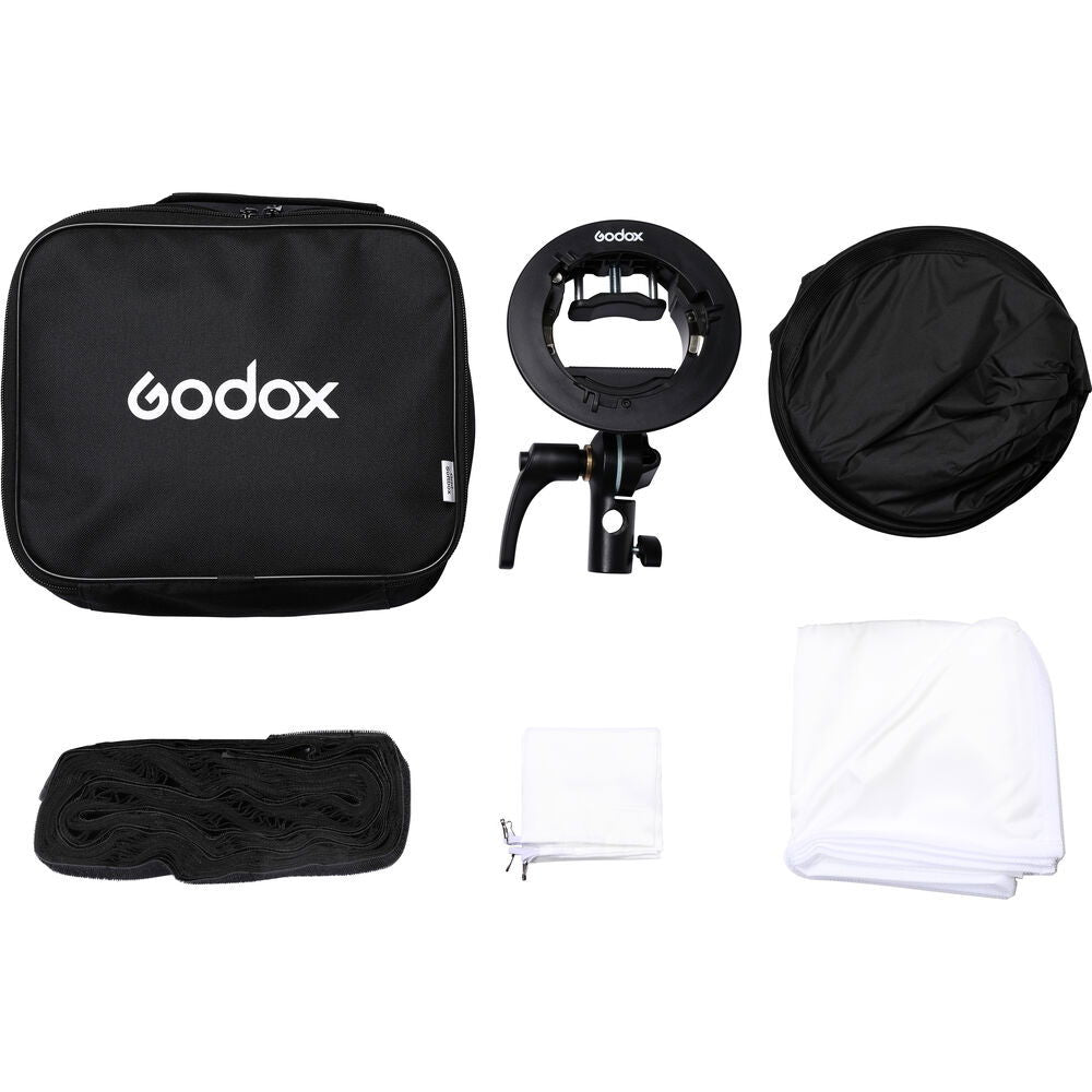 Accesorii kit softbox: geantă neagră, inel adaptor și textile alb/negru