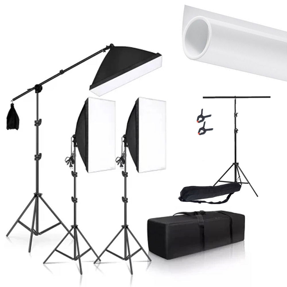 Kit fotografiere produs cu 3 spoturi, softboxuri și trepiede, geantă