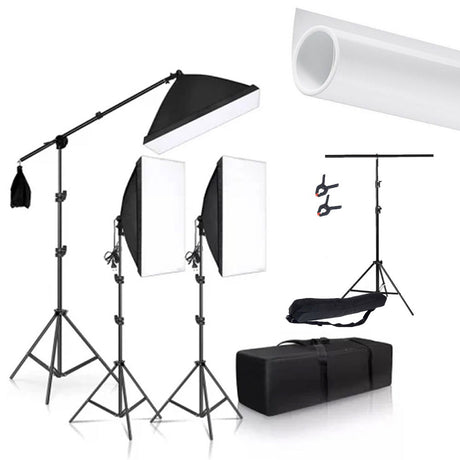 Kit fotografiere produs cu 3 spoturi, softboxuri și trepiede, geantă