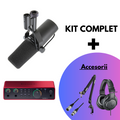 Streaming kit with mic, red audio interface, headphones, and accessory adapters
