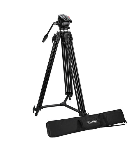 Black video tripod with folding legs and carry bag; adjustable head with side handle.