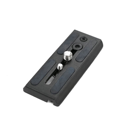 Black quick-release plate with two metal threaded screws for tripod head.